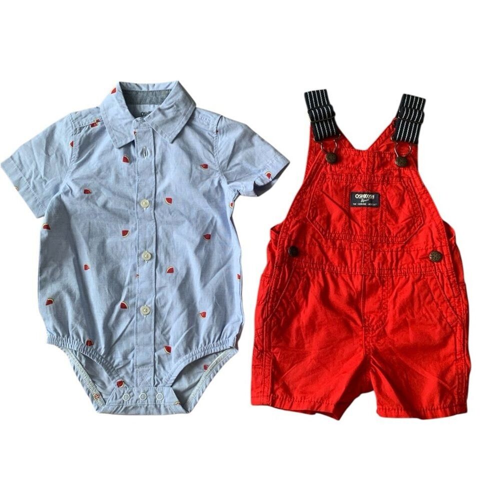 OshKosh B'gosh Red Short Overalls & Watermelon Print Bodysuit Baby Size 9M Set